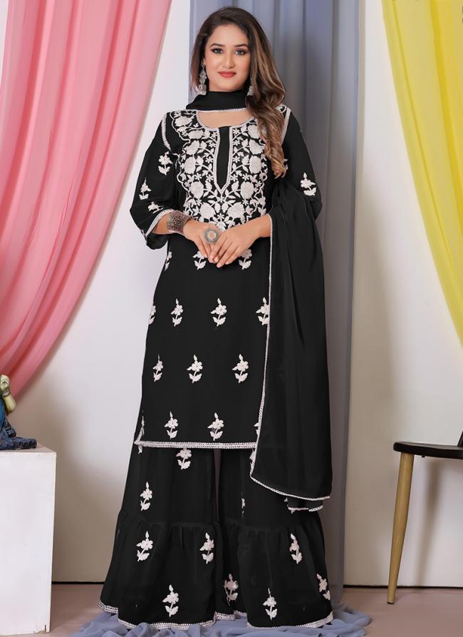 Georgette Black Traditional Wear Embroidery Work Readymade Sharara Suit